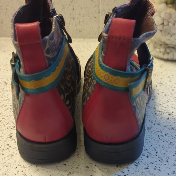 Floral Multicolor Red Leather Ankle Booties - Picture 5 of 6